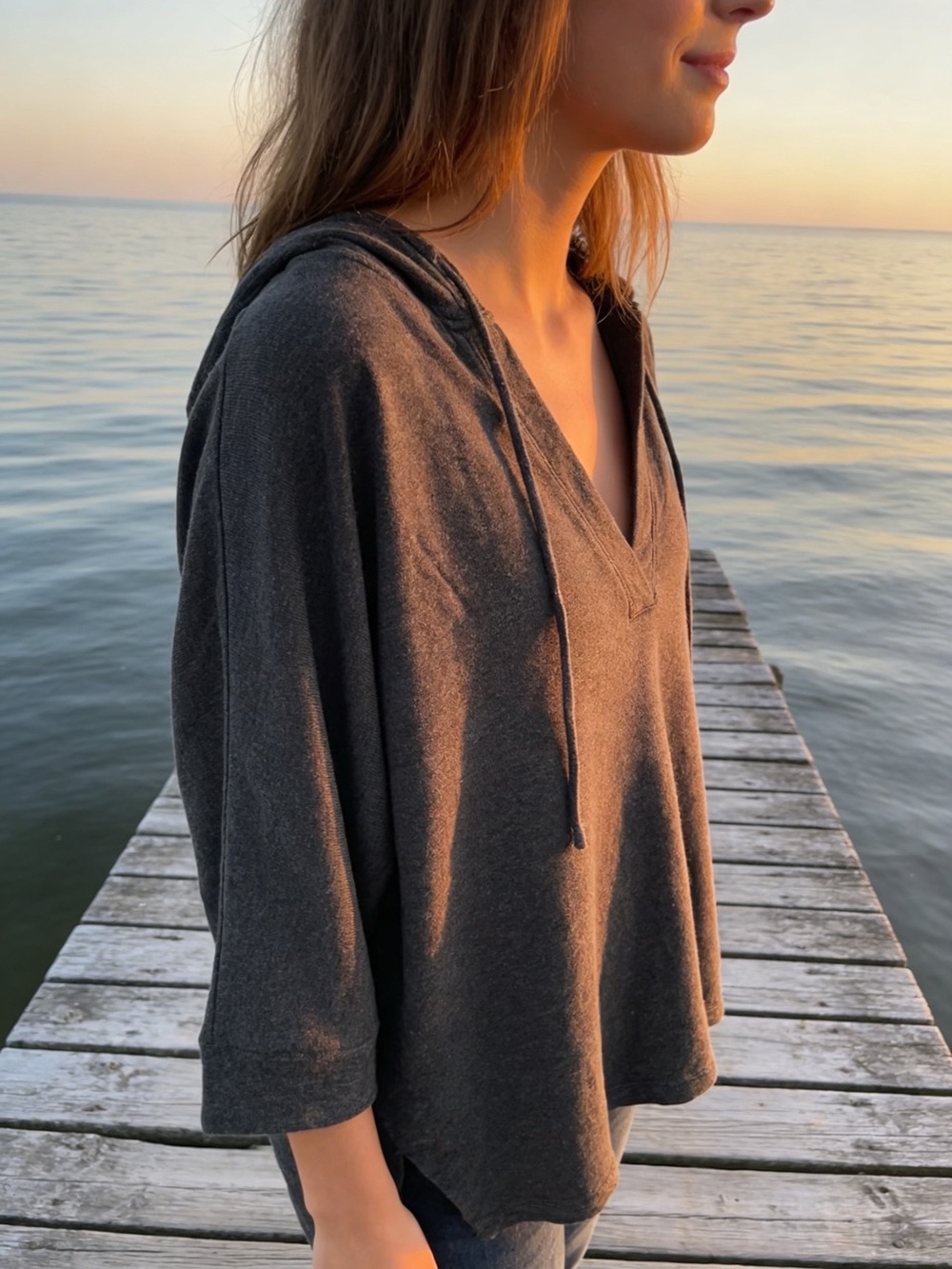 LOFT Lounge Charcoal Hooded Oversized Top Medium